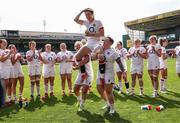 24 April 2022; Emily Scarratt of England is lifted by team mates after receiving her 100th cap after the TikTok Women's Six Nations Rugby Championship match between England and Ireland at Mattioli Woods Welford Road Stadium in Leicester, England. Photo by Darren Staples/Sportsfile