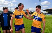 24 April 2022; Peter Duggan of Clare and teammate Ryan Taylor celebrate after the Munster GAA Hurling Senior Championship Round 2 match between Tipperary and Clare at FBD Semple Stadium in Thurles, Tipperary. Photo by Ray McManus/Sportsfile