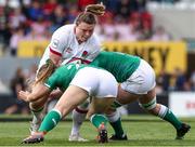 24 April 2022; Neve Jones and Edel McMahon of Ireland tackle Sarah Bern of England during the TikTok Women's Six Nations Rugby Championship match between England and Ireland at Mattioli Woods Welford Road Stadium in Leicester, England. Photo by Darren Staples/Sportsfile