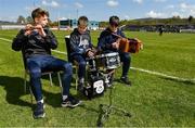 24 April 2022; The Labert Brothers, from left, James, Darragh and Pádraic entertain the crowd before the Leinster GAA Football Senior Championship Round 1 match between Wicklow and Laois at the County Grounds in Aughrim, Wicklow. Photo by Seb Daly/Sportsfile