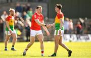 24 April 2022; Sam Mulroy of Louth with Jordan Morrissey of Carlow after the Leinster GAA Football Senior Championship Round 1 match between Louth and Carlow at Páirc Tailteann in Navan, Meath. Photo by Eóin Noonan/Sportsfile