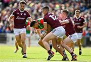 24 April 2022; Jason Doherty of Mayo in action against Galway players Paul Conroy, Johnny Heaney and Jack Glynn during the Connacht GAA Football Senior Championship Quarter-Final match between Mayo and Galway at Hastings Insurance MacHale Park in Castlebar, Mayo. Photo by Brendan Moran/Sportsfile