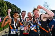 24 April 2022; The Clonliffe Harriers AC, Dublin, team, from left, Efrem Gidey, Ian Guiden, Mark McDonald and Sean O'Leary, celebrate with the cup after winning the senior men's race during the Irish Life Health AAI Road Relays in Raheny, Dublin. Photo by Sam Barnes/Sportsfile