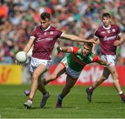 24 April 2022; Paul Conroy of Galway in action against Aidan O’Shea of Mayo during the Connacht GAA Football Senior Championship Quarter-Final match between Mayo and Galway at Hastings Insurance MacHale Park in Castlebar, Mayo. Photo by Ray Ryan/Sportsfile