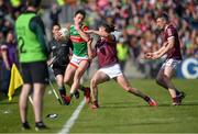24 April 2022; Diarmuid O’Connor of Mayo in action against Kieran Molloy of Galway during the Connacht GAA Football Senior Championship Quarter-Final match between Mayo and Galway at Hastings Insurance MacHale Park in Castlebar, Mayo. Photo by Ray Ryan/Sportsfile