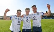 24 April 2022; Wicklow players, from left, Eoin Darcy, Kevin Quinn and Pádraig O’Toole celebrate after their side's victory in the Leinster GAA Football Senior Championship Round 1 match between Wicklow and Laois at the County Grounds in Aughrim, Wicklow. Photo by Seb Daly/Sportsfile