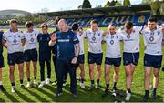 24 April 2022; Wicklow joint-manager Alan Costello talks to his players after their side's victory in the Leinster GAA Football Senior Championship Round 1 match between Wicklow and Laois at the County Grounds in Aughrim, Wicklow. Photo by Seb Daly/Sportsfile