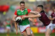 24 April 2022; Mathew Ruane of Mayo in action against Johnny Heaney of Galway during the Connacht GAA Football Senior Championship Quarter-Final match between Mayo and Galway at Hastings Insurance MacHale Park in Castlebar, Mayo. Photo by Ray Ryan/Sportsfile