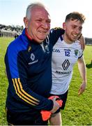24 April 2022; Wicklow backroom staff member Eugene Dooley and Darragh Fitzgerald celebrate after their side's victory in the Leinster GAA Football Senior Championship Round 1 match between Wicklow and Laois at the County Grounds in Aughrim, Wicklow. Photo by Seb Daly/Sportsfile