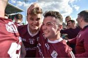 24 April 2022; Robert Finnerty of Galway and Dessie Conneely congratulate each other after the game in the Connacht GAA Football Senior Championship Quarter-Final match between Mayo and Galway at Hastings Insurance MacHale Park in Castlebar, Mayo. Photo by Ray Ryan/Sportsfile