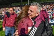 24 April 2022; Galway manager Padraic Joyce celebrates with his daughter Ava after the Connacht GAA Football Senior Championship Quarter-Final match between Mayo and Galway at Hastings Insurance MacHale Park in Castlebar, Mayo. Photo by Brendan Moran/Sportsfile