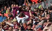 24 April 2022; Galway supporters celebrate as Mayo missed a late chance during the Connacht GAA Football Senior Championship Quarter-Final match between Mayo and Galway at Hastings Insurance MacHale Park in Castlebar, Mayo. Photo by Ray Ryan/Sportsfile