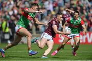 24 April 2022; Shane Walsh of Galway in action against Aidan O’Shea and Oisin Mullin of Mayo during the Connacht GAA Football Senior Championship Quarter-Final match between Mayo and Galway at Hastings Insurance MacHale Park in Castlebar, Mayo. Photo by Ray Ryan/Sportsfile