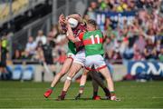 24 April 2022; John Daly of Galway in action against Diarmuid O’Connor and Ryan O’Donoghue of Mayo during the Connacht GAA Football Senior Championship Quarter-Final match between Mayo and Galway at Hastings Insurance MacHale Park in Castlebar, Mayo. Photo by Ray Ryan/Sportsfile