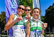24 April 2022; Raheny Shamrocks AC, Dublin, atheltes, from left, Adrienne Atkins, Orla Gormley, Annette Kealy, with their gold medals after winning the over 50 women's race during the Irish Life Health AAI Road Relays in Raheny, Dublin. Photo by Sam Barnes/Sportsfile