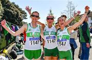 24 April 2022; Raheny Shamrocks AC, Dublin, atheltes, from left, Orla Gormley, Adrienne Atkins and Annette Kealy, with their gold medals after winning the over 50 women's race during the Irish Life Health AAI Road Relays in Raheny, Dublin. Photo by Sam Barnes/Sportsfile
