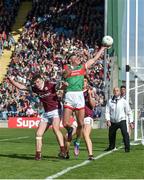 24 April 2022; Aidan O’Shea of Mayo tries to keep the ball from going over the line as John Daly of Galway tackles  during the Connacht GAA Football Senior Championship Quarter-Final match between Mayo and Galway at Hastings Insurance MacHale Park in Castlebar, Mayo. Photo by Ray Ryan/Sportsfile
