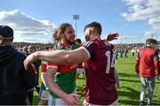 24 April 2022; Padraig O’Hora of Mayo congratulates Damien Comer of Galway after the game in the Connacht GAA Football Senior Championship Quarter-Final match between Mayo and Galway at Hastings Insurance MacHale Park in Castlebar, Mayo. Photo by Ray Ryan/Sportsfile