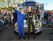 24 April 2022; Josh Moffett and Jason McKenna in their Hyundai i20 R5 celebrates after winning the Monaghan Stages Rally Round 3 of the National Rally Championship in Monaghan. Photo by Philip Fitzpatrick/Sportsfile