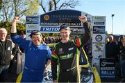 24 April 2022; Josh Moffett and Jason McKenna in their Hyundai i20 R5 celebrates after winning the Monaghan Stages Rally Round 3 of the National Rally Championship in Monaghan. Photo by Philip Fitzpatrick/Sportsfile