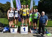24 April 2022; Athletics Ireland President John Cronin, right, with over 50 men's medallists, Inishowen AC, Donegal, gold, Donore Harriers AC, Dublin, silver, and Metro St Brigids, Dublin, bronze, during the Irish Life Health AAI Road Relays in Raheny, Dublin. Photo by Sam Barnes/Sportsfile