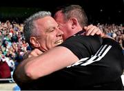 24 April 2022; Galway manager Padraic Joyce, left, and selector John Concannon celebrate at the final whistle of the Connacht GAA Football Senior Championship Quarter-Final match between Mayo and Galway at Hastings Insurance MacHale Park in Castlebar, Mayo. Photo by Brendan Moran/Sportsfile