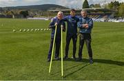 24 April 2022; Wicklow backroom staff members Eugene Dooley, left, and Dean Ryan with groundsman Mick Owens before the Leinster GAA Football Senior Championship Round 1 match between Wicklow and Laois at the County Grounds in Aughrim, Wicklow. Photo by Seb Daly/Sportsfile
