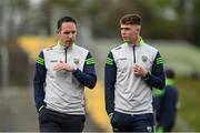 25 April 2022; Kerry manager Declan O'Sullivan speaking to Armin Heinrich of Kerry before the EirGrid Munster GAA Football Under 20 Championship final match between Kerry and Cork at Austin Stack Park in Tralee, Kerry. Photo by Eóin Noonan/Sportsfile