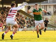25 April 2022; Kevin Goulding of Kerry in action against Cork goalkeeper Callum Dungan during the EirGrid Munster GAA Football Under 20 Championship final match between Kerry and Cork at Austin Stack Park in Tralee, Kerry. Photo by Eóin Noonan/Sportsfile