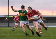 25 April 2022; Liam O'Connell of Cork in action against Enda O'Connor of Kerry during the EirGrid Munster GAA Football Under 20 Championship final match between Kerry and Cork at Austin Stack Park in Tralee, Kerry. Photo by Eóin Noonan/Sportsfile