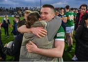 25 April 2022; Adam Curran of Kerry celebrates with a supporter after the EirGrid Munster GAA Football Under 20 Championship final match between Kerry and Cork at Austin Stack Park in Tralee, Kerry. Photo by Eóin Noonan/Sportsfile