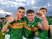 25 April 2022; Kerry players, from left, Thomas O'Donnell, left, and Jack O'Connor celebrate after the EirGrid Munster GAA Football Under 20 Championship final match between Kerry and Cork at Austin Stack Park in Tralee, Kerry. Photo by Eóin Noonan/Sportsfile