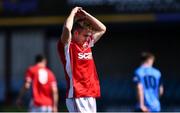 26 April 2022; Ronan Young of Queen's University Belfast reacts after a missed opportunity on goal during the Collingwood Cup Final match between UCD and Queens University Belfast at Oriel Park in Dundalk, Louth. Photo by Ben McShane/Sportsfile