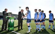 26 April 2022; FAI president Gerry McAnaney presents the winners medals to the UCD players after the Collingwood Cup Final match between UCD and Queens University Belfast at Oriel Park in Dundalk, Louth. Photo by Ben McShane/Sportsfile