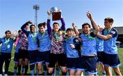 26 April 2022; UCD captain and goalkeeper Lorcan Healy lifts the Collingwood Cup after the Collingwood Cup Final match between UCD and Queens University Belfast at Oriel Park in Dundalk, Louth. Photo by Ben McShane/Sportsfile