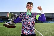 26 April 2022; UCD captain and goalkeeper Lorcan Healy with the Collingwood Cup and his winners medal after the Collingwood Cup Final match between UCD and Queens University Belfast at Oriel Park in Dundalk, Louth. Photo by Ben McShane/Sportsfile