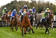 26 April 2022; Ardla, with Luke Demspey up, left, in action during the Killashee Hotel Handicap Hurdle during day one of the Punchestown Festival at Punchestown Racecourse in Kildare. Photo by David Fitzgerald/Sportsfile