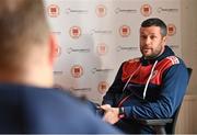 27 April 2022; St Patrick's Athletic manager Tim Clancy speaking to journalists during a St Patrick's Athletic Media Conference at Richmond Park in Dublin. Photo by Sam Barnes/Sportsfile