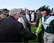 27 April 2022; Jockey Harry Cobden shakes hands with Sir Alex Ferguson before the Ladbrokes Punchestown Gold Cup during day two of the Punchestown Festival at Punchestown Racecourse in Kildare. Photo by David Fitzgerald/Sportsfile