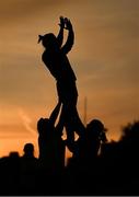 27 April 2022; Lesley Ring is lifted during lineout drills at a Leinster Rugby women's squad training session at Energia Park in Dublin. Photo by Brendan Moran/Sportsfile