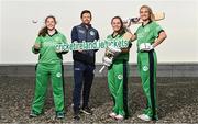28 April 2022; Ireland women's head coach Ed Joyce, with Ireland cricketers, from left, Cara Murray, Ireland captain Laura Delany and Gaby Lewis during the Ireland’s International Cricket Season Launch at HBV Studios in Dublin. Photo by Sam Barnes/Sportsfile