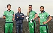 28 April 2022; Ireland men's head coach Heinrich Malan, second from left, with Ireland cricketers, from left, Mark Adair, Ireland captain Andrew Balbirnie and Simi Singh during the Ireland’s International Cricket Season Launch at HBV Studios in Dublin. Photo by Sam Barnes/Sportsfile