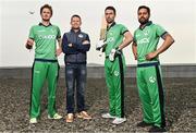 28 April 2022; Ireland men's head coach Heinrich Malan, second from left, with Ireland cricketers, from left, Mark Adair, Ireland captain Andrew Balbirnie and Simi Singh during the Ireland’s International Cricket Season Launch at HBV Studios in Dublin. Photo by Sam Barnes/Sportsfile