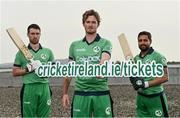 28 April 2022; Ireland captain Andrew Balbirnie, left,  with Ireland players Mark Adair, centre, and Simi Singh during the Ireland’s International Cricket Season Launch at HBV Studios in Dublin. Photo by Sam Barnes/Sportsfile