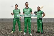 28 April 2022; Ireland captain Andrew Balbirnie, centre, with Ireland players Mark Adair, left, and Simi Singh during the Ireland’s International Cricket Season Launch at HBV Studios in Dublin. Photo by Sam Barnes/Sportsfile