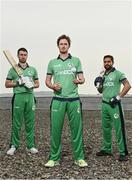 28 April 2022; Ireland captain Andrew Balbirnie, left,  with Ireland players Mark Adair, centre, and Simi Singh during the Ireland’s International Cricket Season Launch at HBV Studios in Dublin. Photo by Sam Barnes/Sportsfile