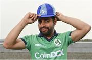 28 April 2022; Ireland cricketer Simi Singh stands for a portrait with his ICC ODI Team of the Year cap during the Ireland’s International Cricket Season Launch at HBV Studios in Dublin. Photo by Sam Barnes/Sportsfile