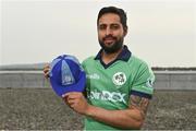 28 April 2022; Ireland cricketer Simi Singh stands for a portrait with his ICC ODI Team of the Year cap during the Ireland’s International Cricket Season Launch at HBV Studios in Dublin. Photo by Sam Barnes/Sportsfile