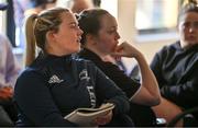 27 April 2022; Chloe Blackmore listens to IRFU referee development manager Sean Gallagher during a Leinster Rugby women's squad workshop at Energia Park in Dublin. Photo by Brendan Moran/Sportsfile
