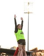 27 April 2022; Abbie Gibney is lifted during lineout drills at a Leinster Rugby women's squad training session at Energia Park in Dublin. Photo by Brendan Moran/Sportsfile